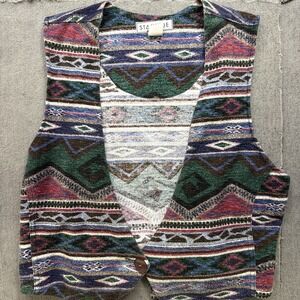 Vintage Southwestern Aztec Knit Vest USA Made Western Cowgirl Boho M Cinch Waist